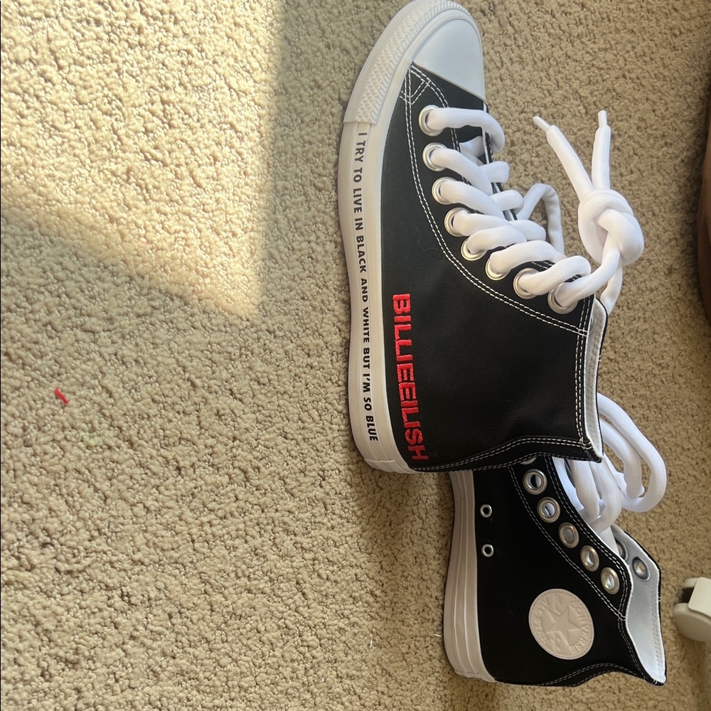 Converse Black and White High-Top Sneakers with Red Billie Eilish Branding - Picture 4 of 6